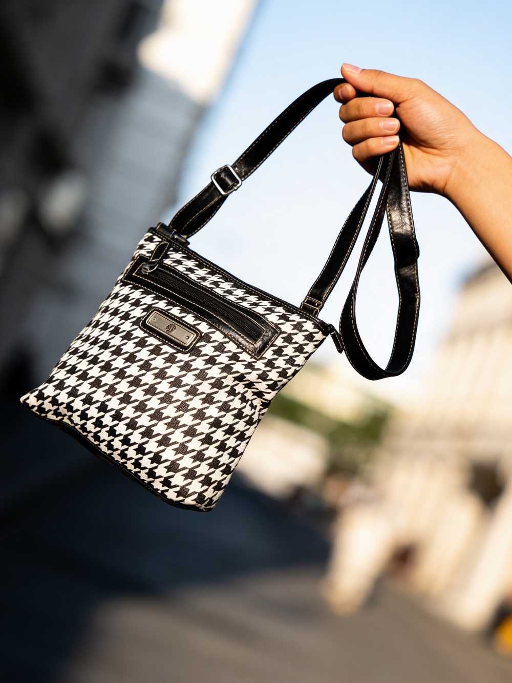 Women's Black & White Houndstooth Crossbody Bag with Adjustable Strap